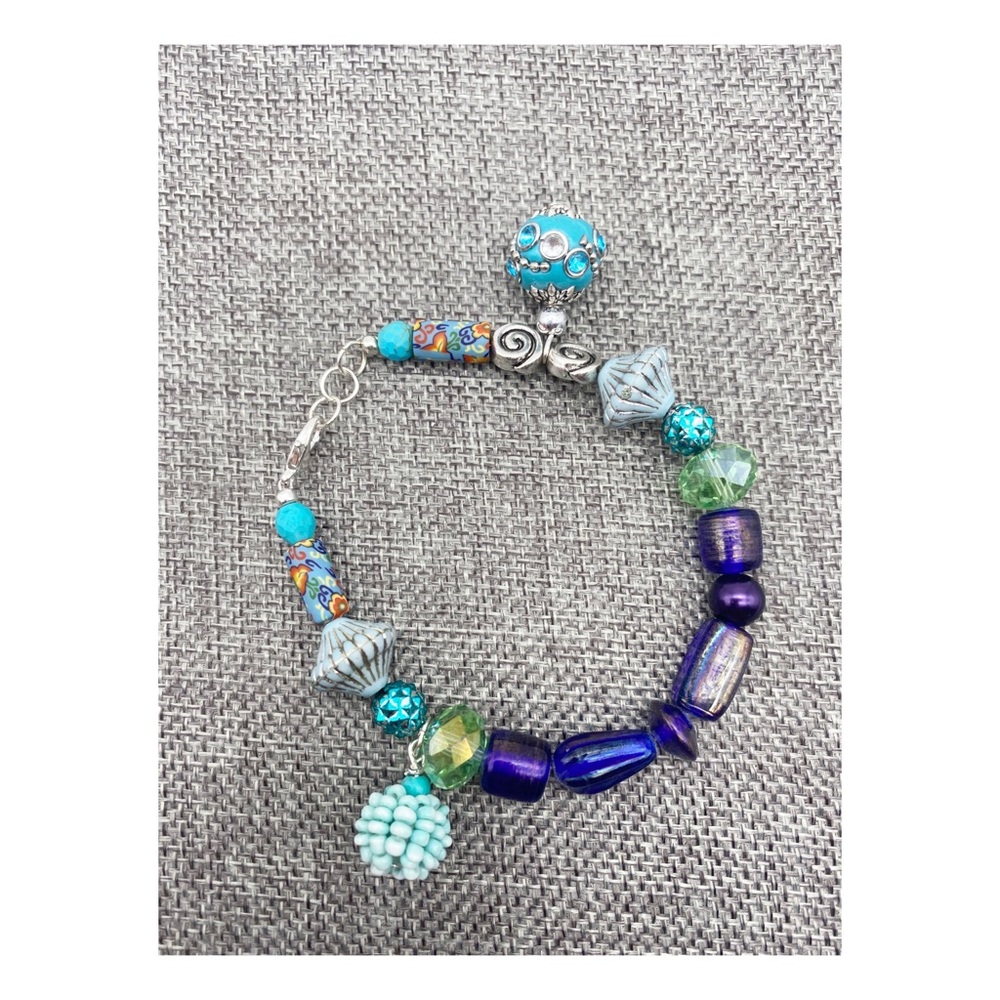 Summer Beach Bracelet Teal Purple Green Rondelle 8”
